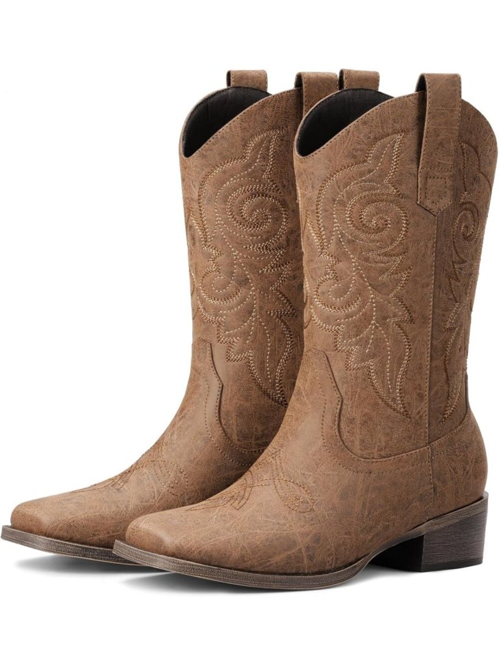 Women's Cognac Square Toe Mid Calf Low Chunky Heel Classic Retro Cowgirl Boots